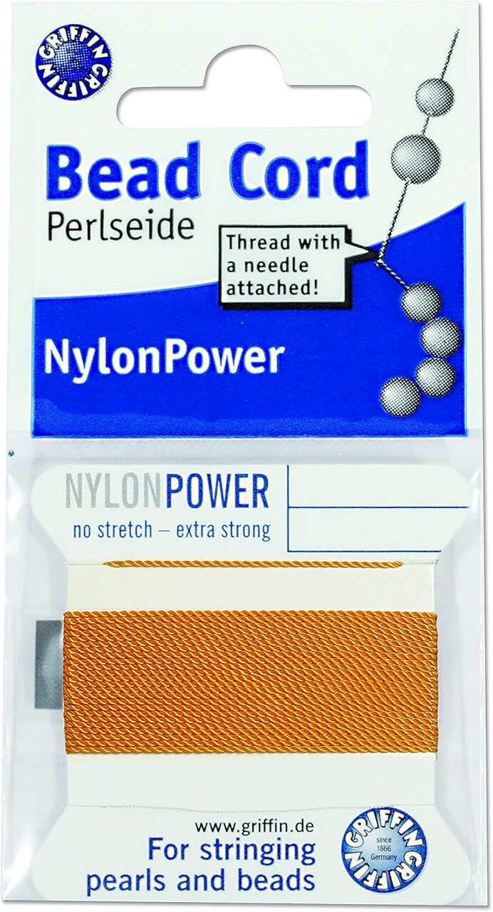 Griffin Nylon Bead Cord Perlseide – Size 0 (0.30mm) – 2 Meters per Card – Stainless Steel Needle Attached – for Knotting Pearls, Gemstones, Crystals and Beads